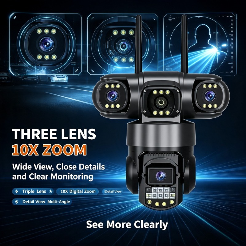 Home Yard Security Cameras - กล้องวงจรปิดกันน้ำสำหรับภายนอกอาคาร 3 เลนส์ รองรับซิม 4G พร้อมการตรวจสอบแบบพาโนรามา
