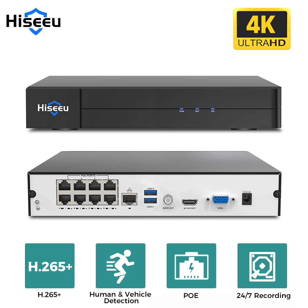 Home Security Cameras - เครื่องบันทึกวิดีโอเครือข่าย Hiseeu 8CH 4K PoE NVR