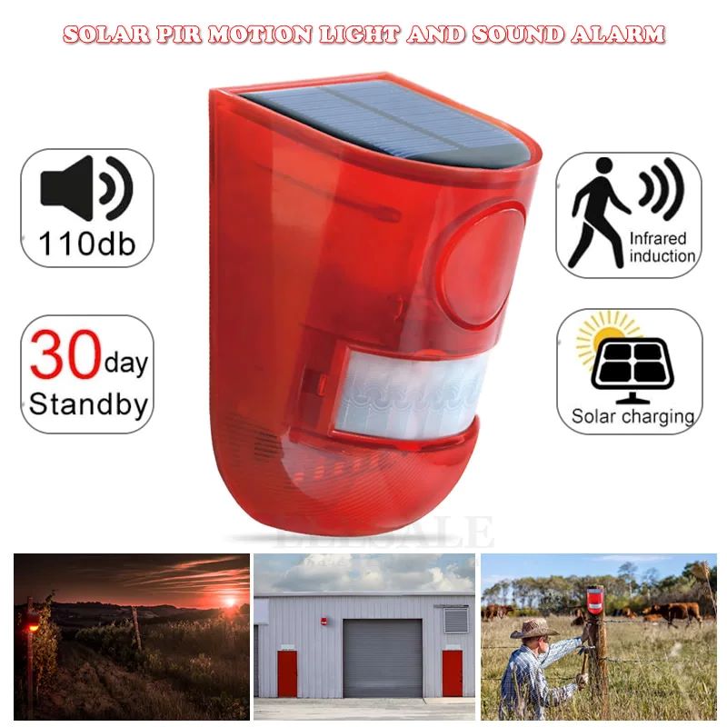Home Security Lights - ไฟเตือนกันน้ำพลังงานแสงอาทิตย์ พร้อมเซ็นเซอร์ตรวจจับความเคลื่อนไหวอินฟราเรด ไซเรน ไฟกระพริบ ป้องกันสัตว์รบกวน ระบบรักษาความปลอดภัยสำหรับบ้าน