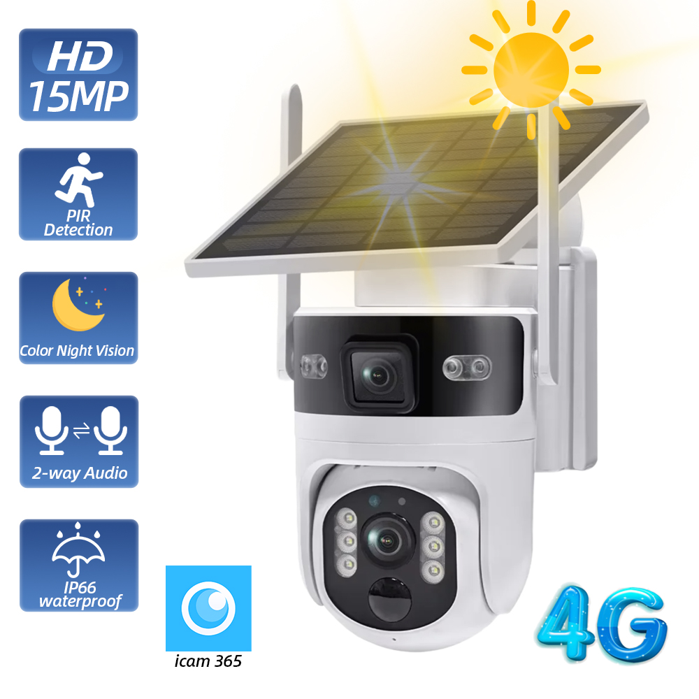 Home Yard Security Cameras - กล้องวงจรปิดไร้สายกลางแจ้ง PTZ พลังงานแสงอาทิตย์ รองรับซิม 4G เลนส์คู่