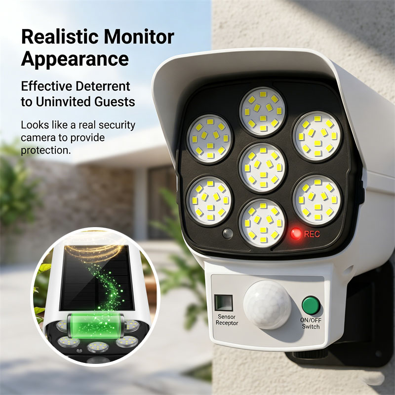 Home Security Yard Sensors - กล้องวงจรปิดจำลองพลังงานแสงอาทิตย์ พร้อมเซ็นเซอร์ตรวจจับความเคลื่อนไหว ไฟ LED ส่องสว่าง กันน้ำ