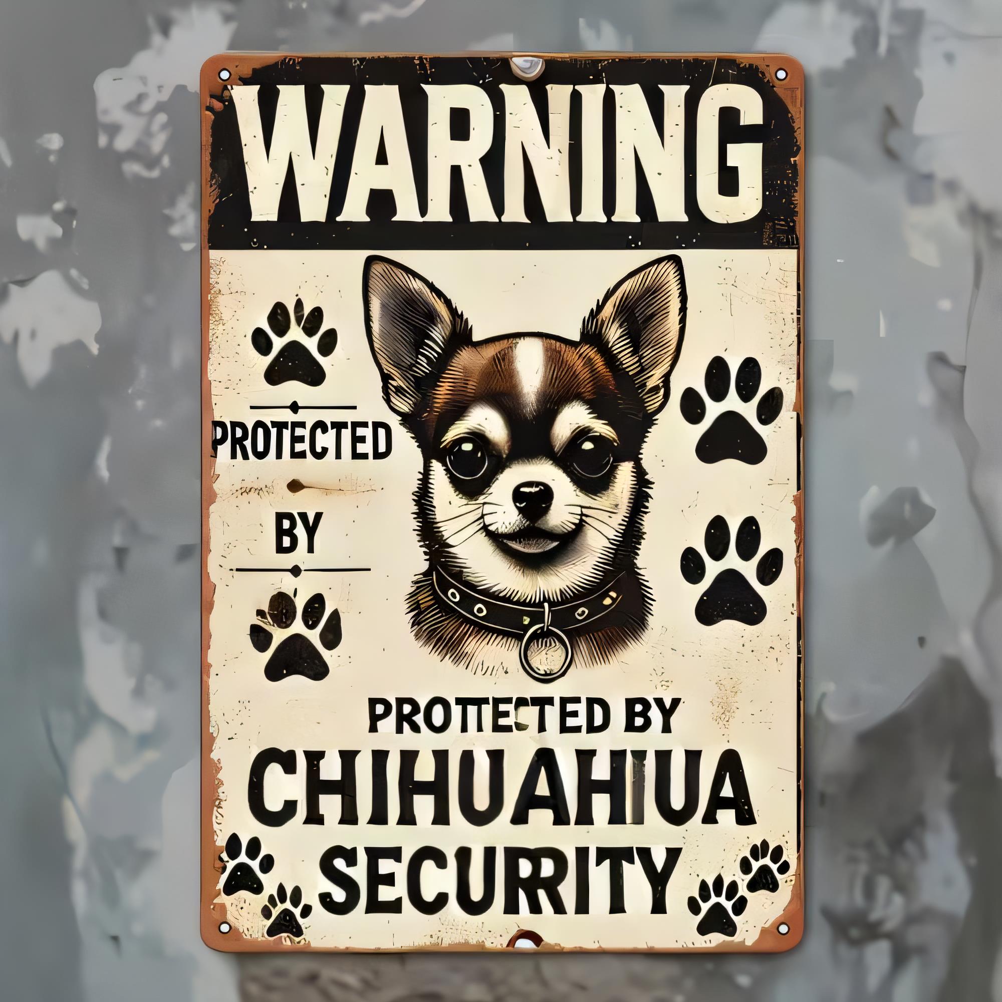 Home Security Bars - ป้ายเตือนโลหะวินเทจ ลายชิวาวา ป้องกันโดยหน่วยรักษาความปลอดภัย ของตกแต่งผนังสำหรับคนรักสุนัข เหมาะสำหรับบ้าน บาร์