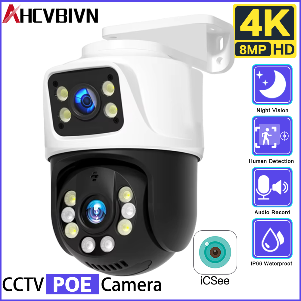 Home Yard Security Cameras - กล้องวงจรปิดภายนอกอาคาร 8MP POE PTZ เลนส์คู่ หน้าจอคู่