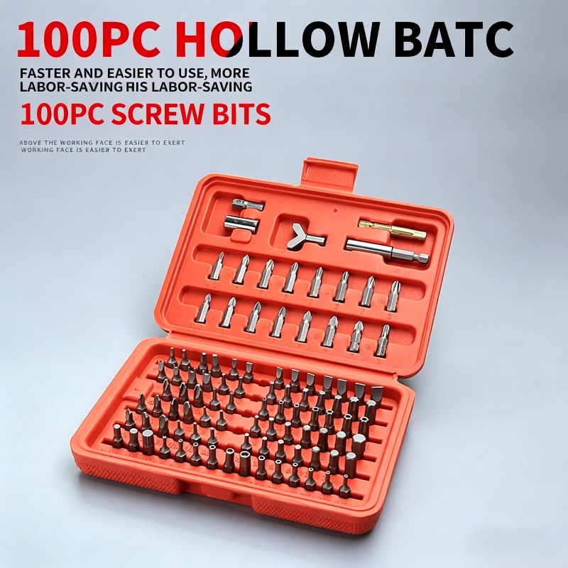 Home Security Bars - ชุดดอกไขควง 100 ชิ้น, ชุดดอกไขควงแบบกลวงพร้อมด้ามต่อสำหรับสว่านและใช้งานในบ้าน, รถยนต์, โรงงาน,